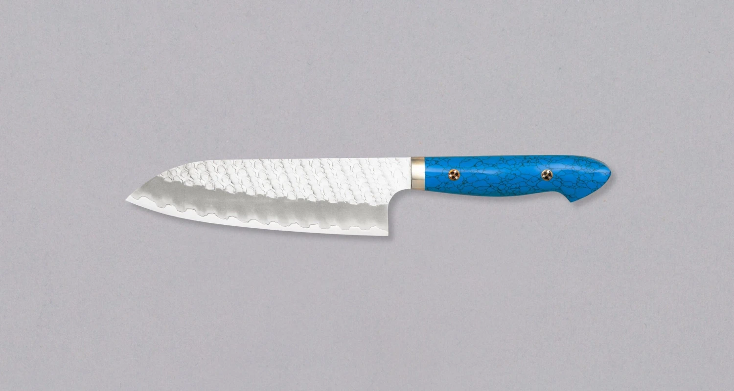 Nigara Santoku SG2 Migaki Tsuchime Turquoise 180mm (7.1") 4 Nigara Santoku SG2 Migaki Tsuchime Turquoise 180mm (7.1") - Image 2